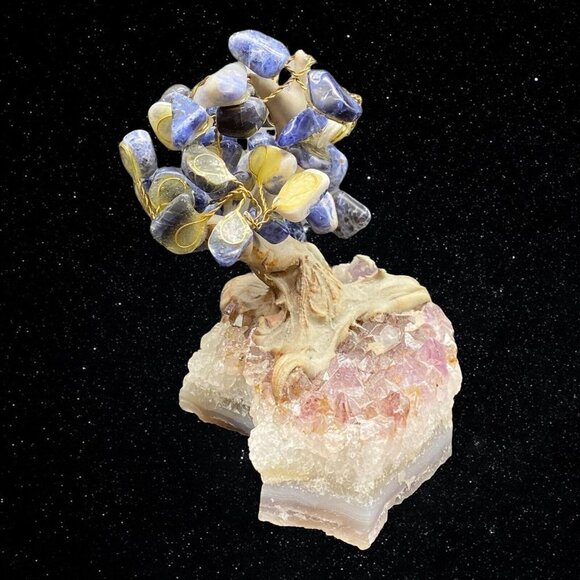 Gem Bonsai Tree on Amethyst Base Miniature Sodalite Stones 4”T 3.5”W - Picture 2 of 7
